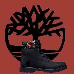 Timberland Womans Black Boots with Floral Accent